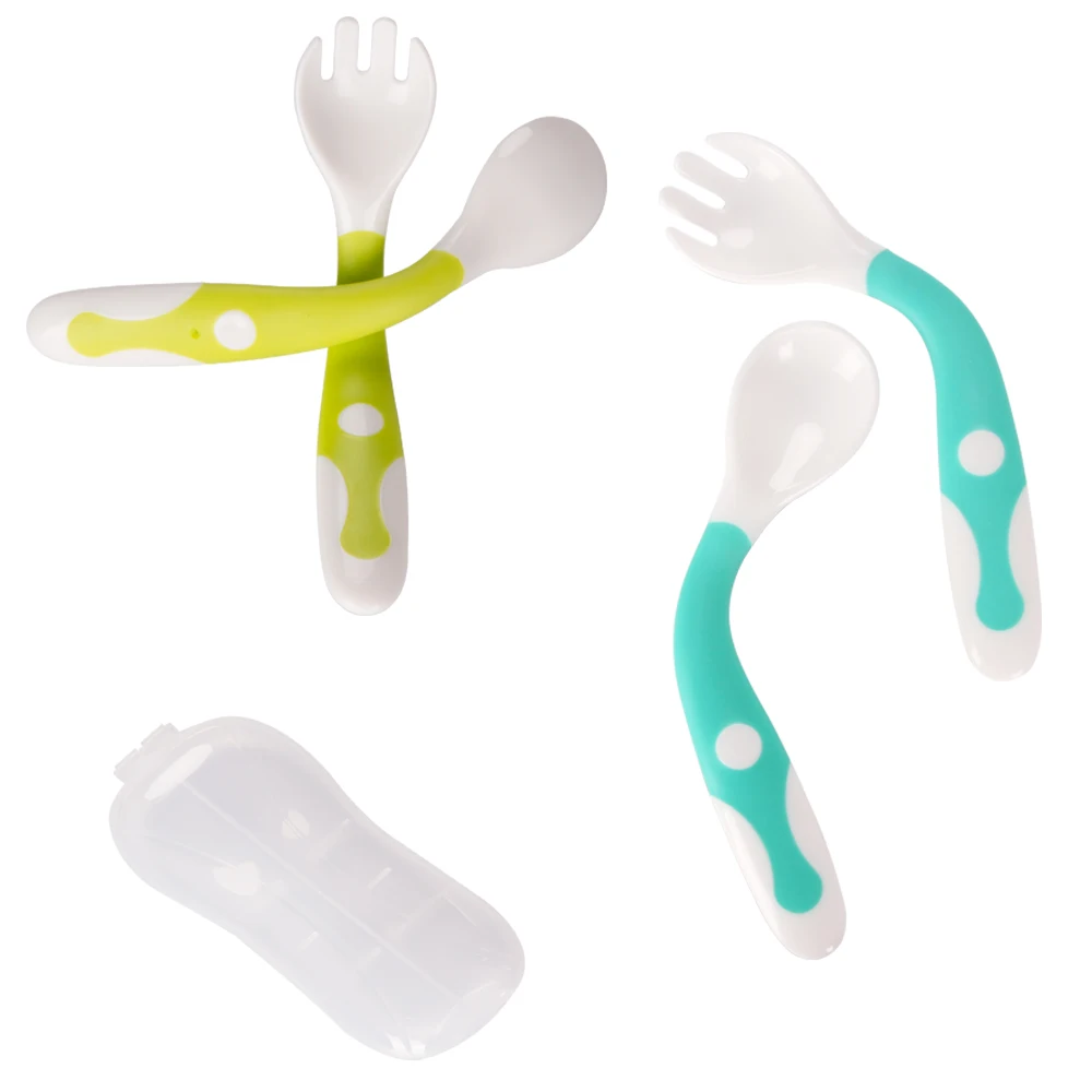 2 Set Green Turq Qshare детская ложка вилка 2 комплекта посуда детская тренировочная ложка для кормления с путешествия защитный чехол легко сцепление гибкие мягкие детские ложки - Цвет: 2 Set Green Turq