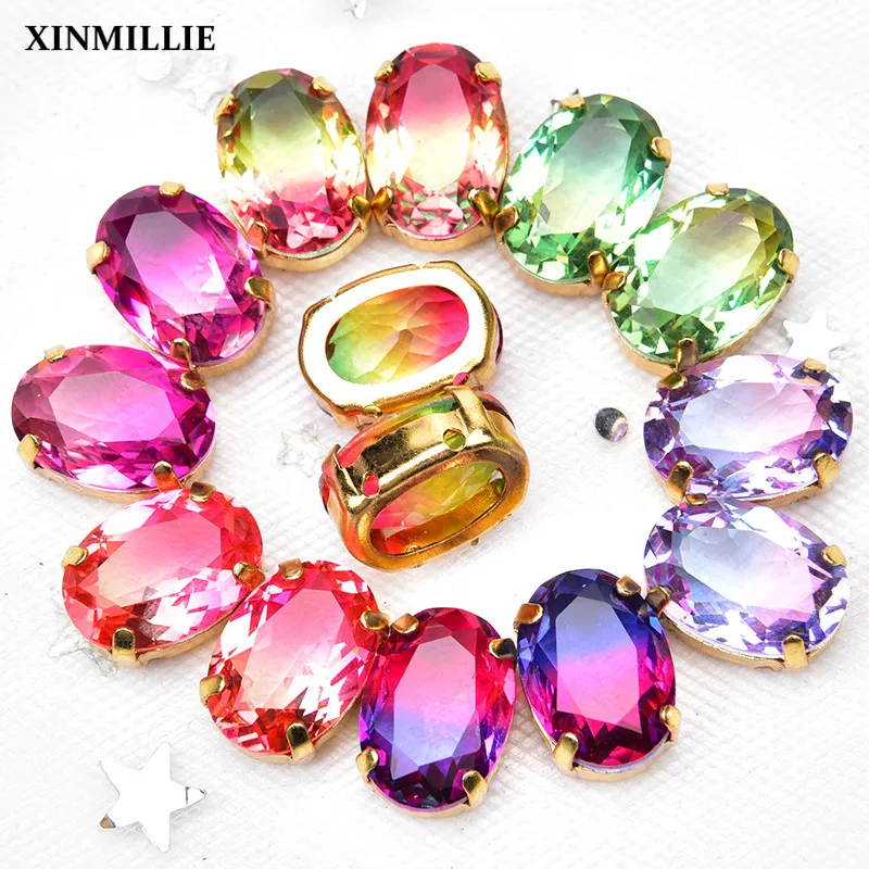 High Quality Tourmaline Rhinestones With Gold Claw Crystal Gradient Color 10*14mm Oval Setting Sewing Wedding Dress Fabric DIY | Дом и сад