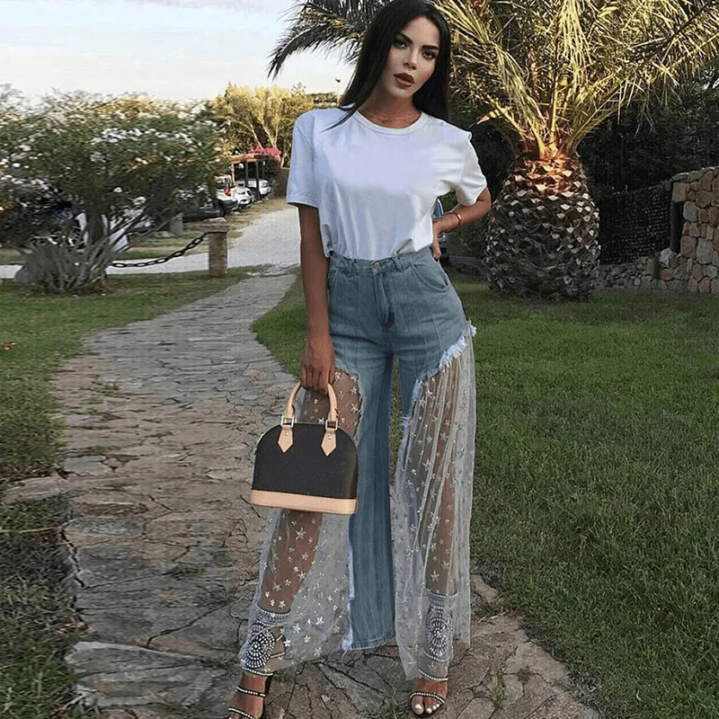 Сексуальные Женщины Широкие Штаны Ноги Sheer Mesh Star Print Splice Джинсовые Брюки Высокой