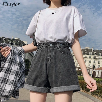 

Fitaylor 2020 New Summer Women High Waist Button Wigh Leg Jeans Shorts Casual Female Loose Fit Blue Denim Shorts