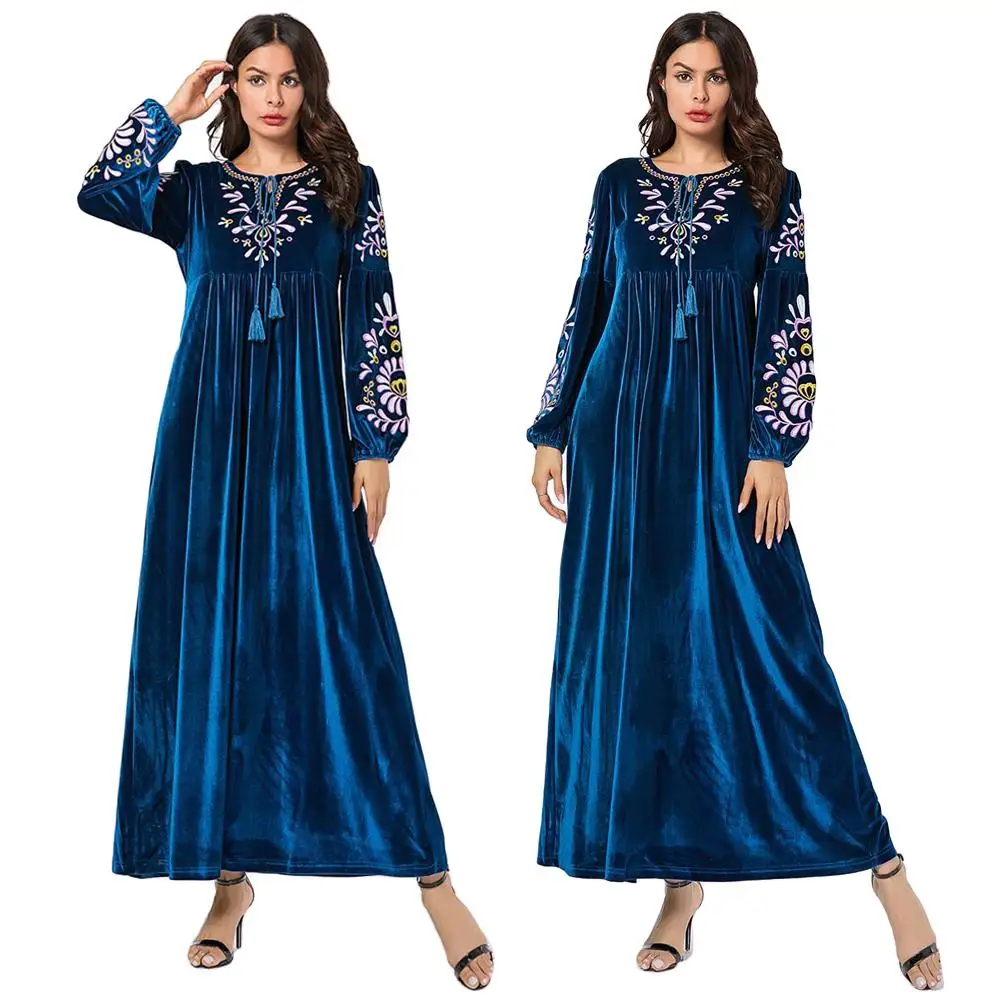 

Women Floral Abaya Velvet Muslim Dress Cocktail Vintage Long Sleeve Maxi Robes Embroidery Draped Design Loose Gown O-neck Casual