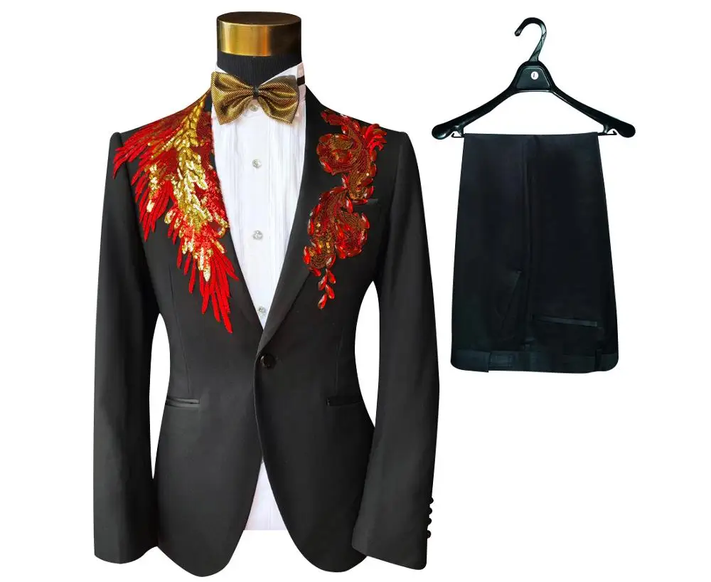 Jacket Pants Bowtie Мужские костюмы, платье, с блестками, с вышивкой, на одной пуговице, свадебный костюм, золотой и Красный смокинг, блейзер, брюки, галстук-бабочка, выпускной костюм, 4XL 5XL - Цвет: Jacket Pants Bowtie
