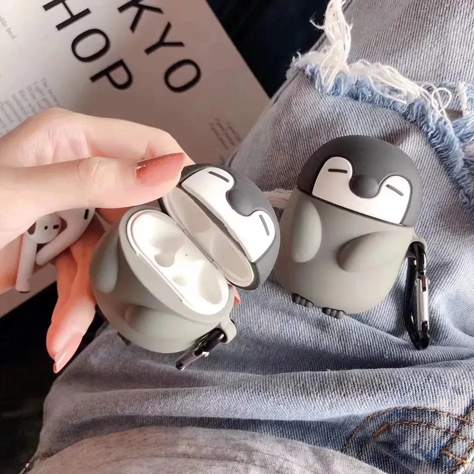3D Пингвин чехол для наушников Airpods силиконовый розовый чехол для Apple Air pods 2 Чехол для наушников Earpods кольцо брелок для ключей