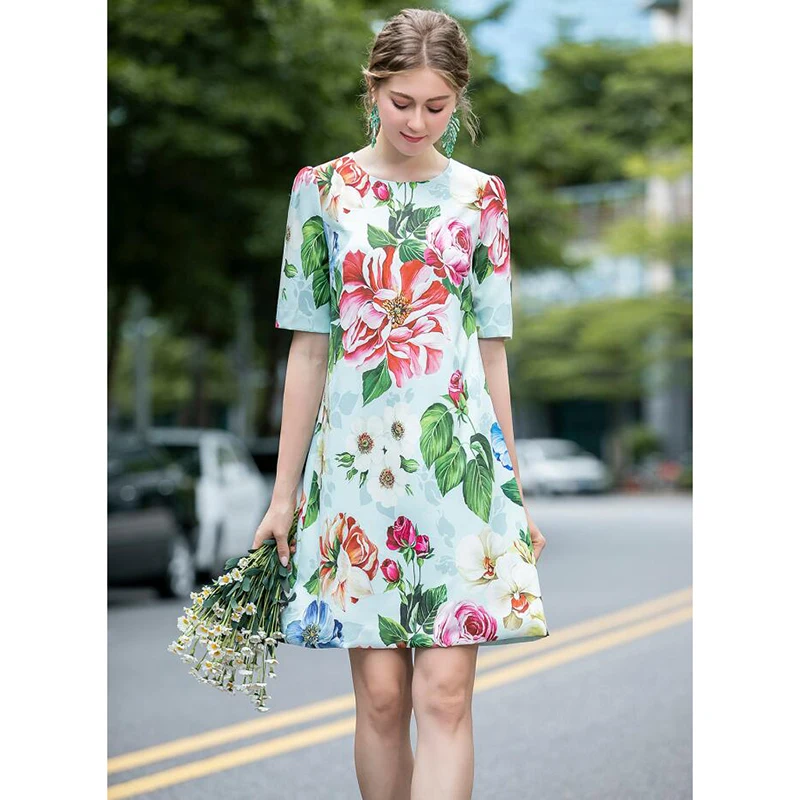 

Women Dress 2020 High Quality Summer Runway O-Neck Short Sleeves Floral Print Casual Beach Dresses Vestidos NP1155N