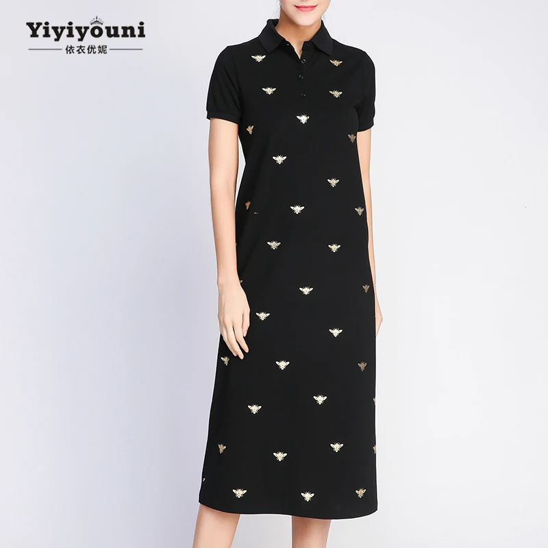 Yiyiyouni длинное платье-рубашка с принтом пчелы и отложным воротником для женщин, летнее повседневное прямое платье поло длиной до лодыжки, женское Хлопковое платье с карманами
