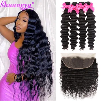 

Hd Lace Frontal and Bundles Indian Hair Loose Deep Wave Bundles with Frontal 100% Shuangya Remy Human Hair Bundles With Closure