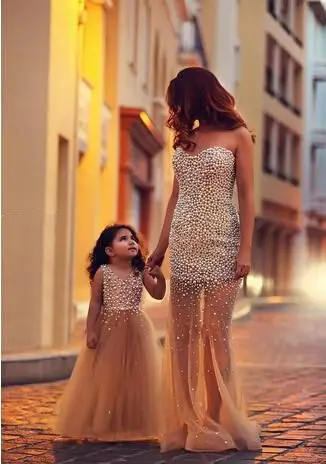 Vestidos Elegantes a juego para madre e hija, vestido largo Formal de noche con perlas de tul de sirena para baile de graduación, vestido de flores para niñas 2020 _ - Mobile