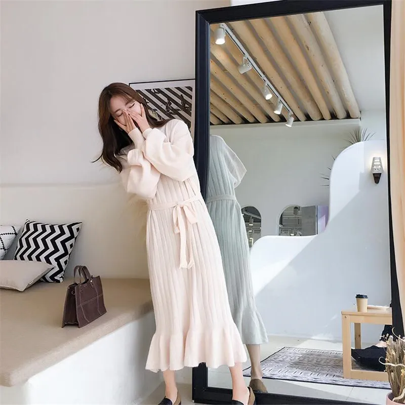 Вязаный свитер женский длинный выше колена корейская версия 2019 осень и зима