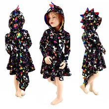 CANIS/Повседневная модная новинка; осенний Детский костюм радуги с динозавром; платье принцессы для маленьких девочек с принтом; вечерние платья с капюшоном для косплея