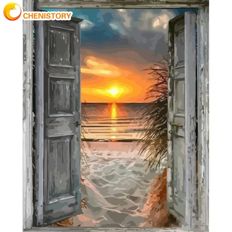CHENISTORY 40x50 см рамка краска по номерам для взрослых ручной работы DIY Передняя дверь Пляж пейзаж номеру
