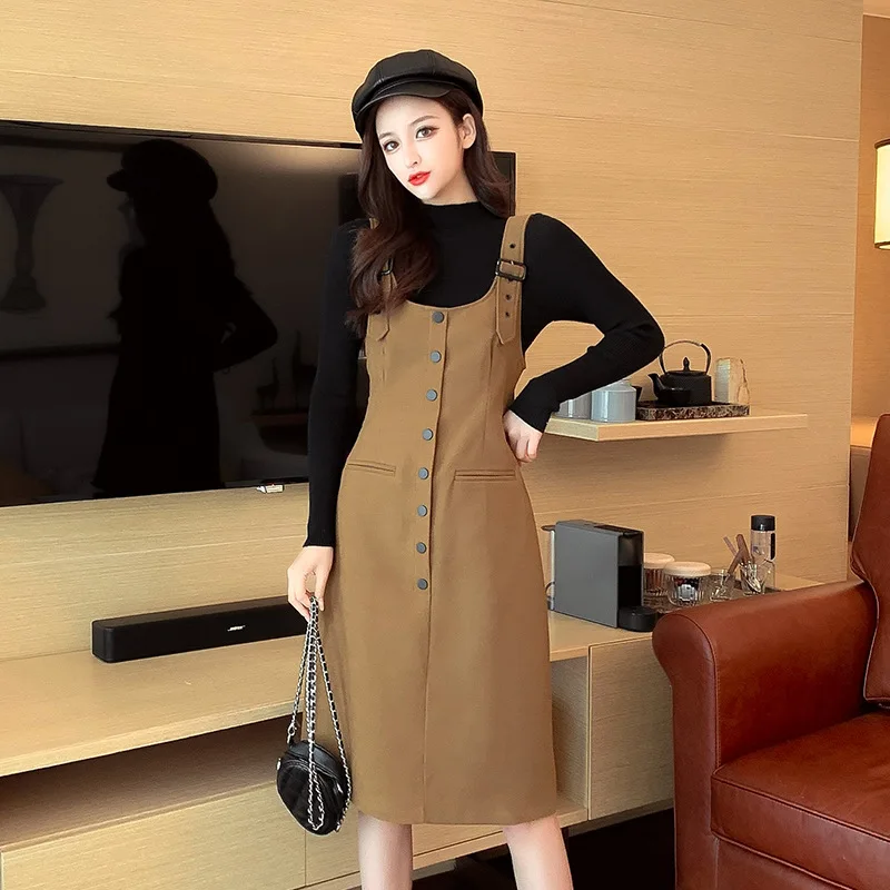 

Long Sleeve Knit Low Waist Jersey Single Breasted Suspender Strap Wool Woolen Cloth Vest Dress Two-Piece Set Women's Autumn & Wi
