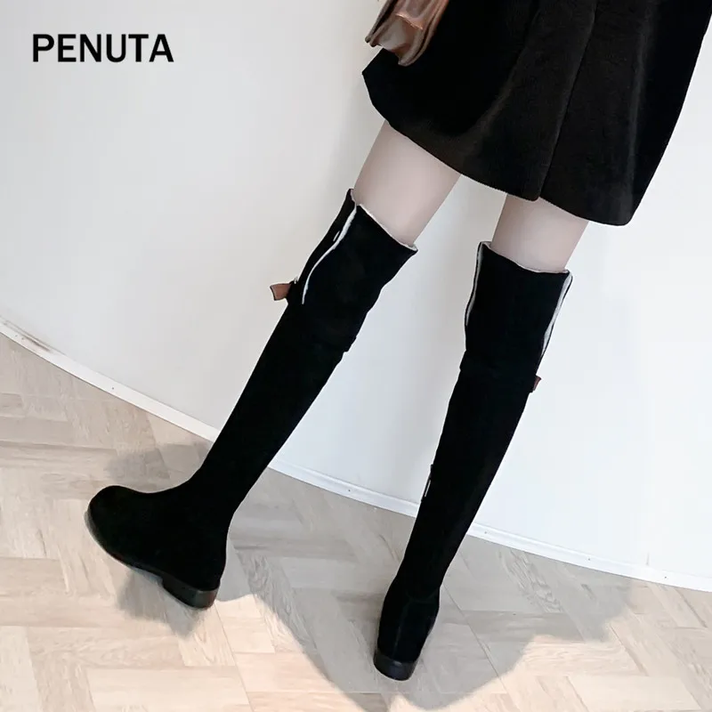 PENUTA/Сапоги выше колена; зимние женские замшевые теплые высокие ботинки на плоской подошве в Корейском стиле; модные высокие сапоги; PB904