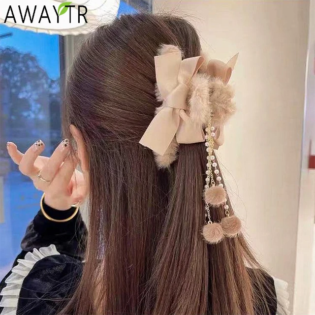 Pearls Tassel Hair Claws Women Elegant Bow Faux Fur Grips Sweet