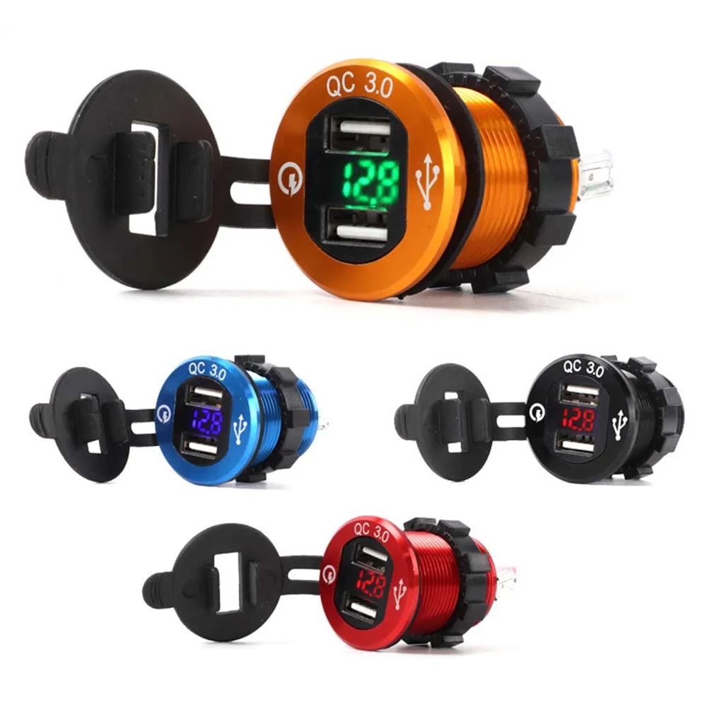 

Car 2 USB Charger QC 3.0 Aluminum Motorcycle Boat Car Charger LED Voltmeter for Phone Tablet