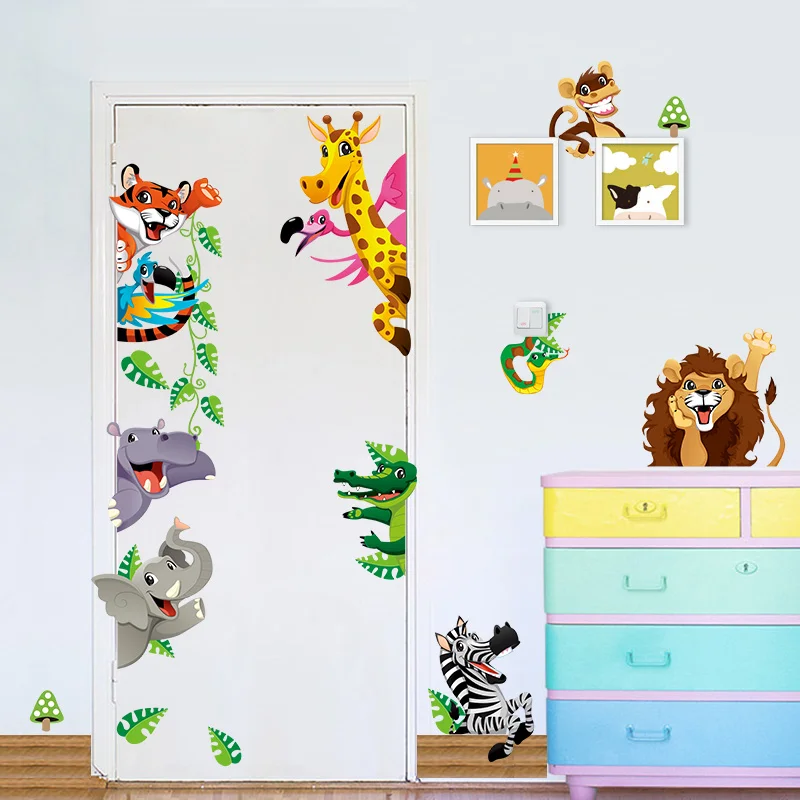 cartoon Forest Animal zebra giraffe elephant Lion fox Wall Sticker living room door Mural Decal Kids Home Decor stickers