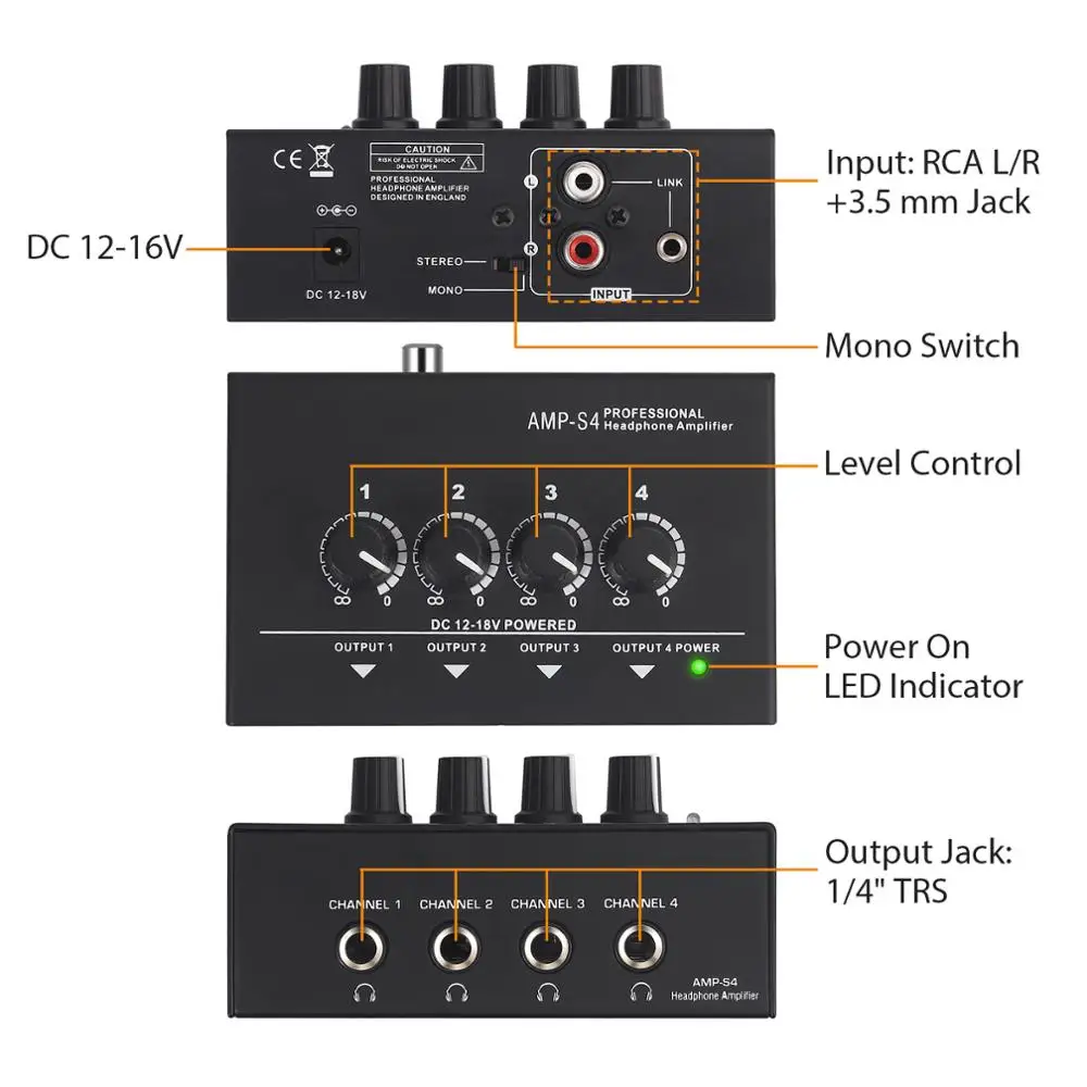 eSYNiC Headphone Amplifier With 4 Channel Portable Stereo TRS Headphones Output Jack and TRS Audio Input for Stage Applications