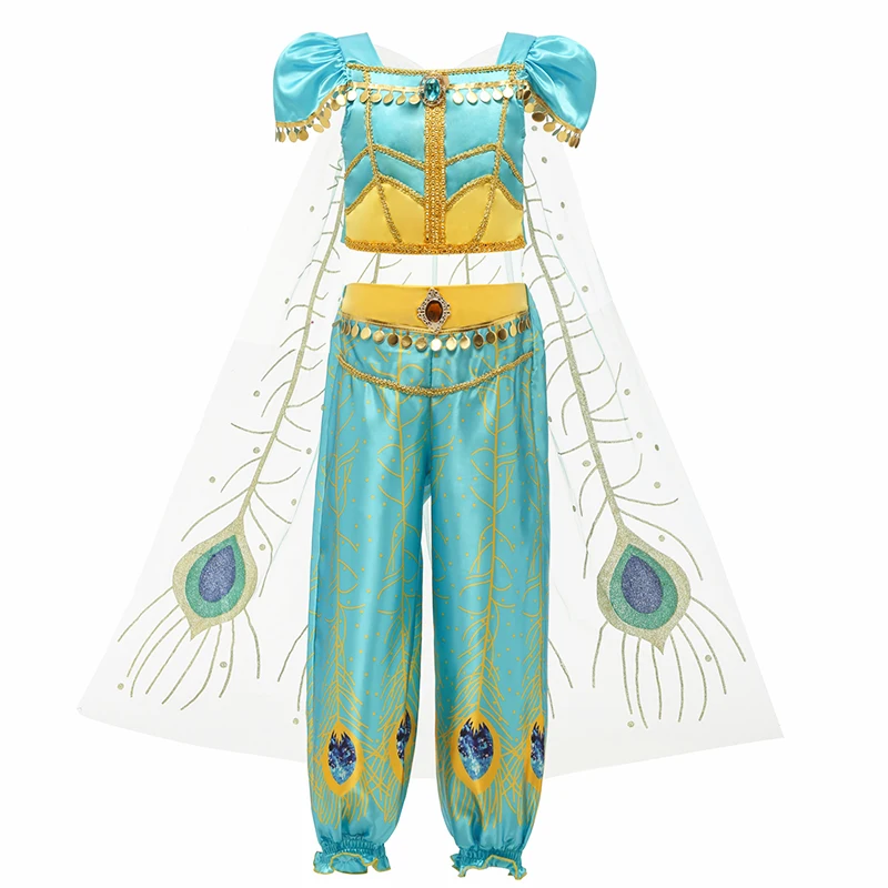 Jasmine Cosplay Costume Full Set Girls Princess Skirt Aladdin Costumes Necklace Crown Earring Jewelry Suit Halloween Dresses - Цвет: style1