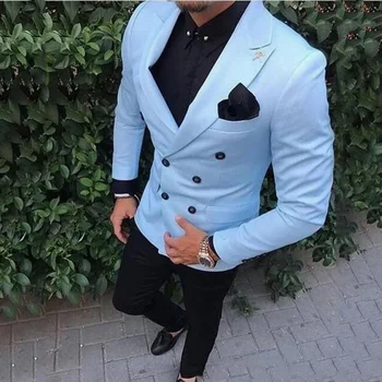 

2020 Groom Tuxedos Double Breasted Light Blue Peaked Lapel Groomsmen Best Man Suit Men's Wedding Suits Two Pieces (Jacket+Pant)