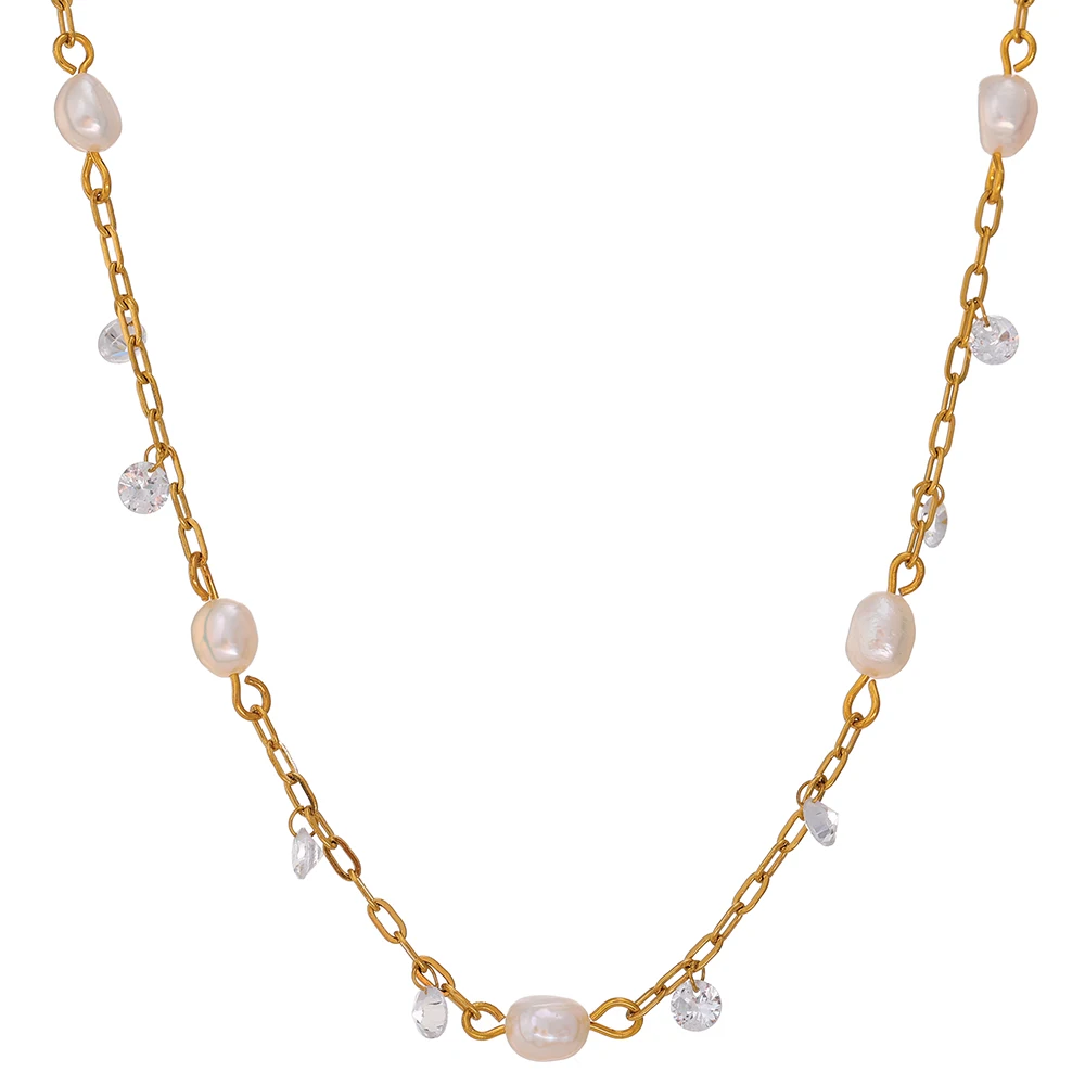 Yhpup 316L Stainless Steel Chain Necklace Trendy Natural Pearl Cubic Zirconia Collar for Women Fashion Jewelry Wedding Gift