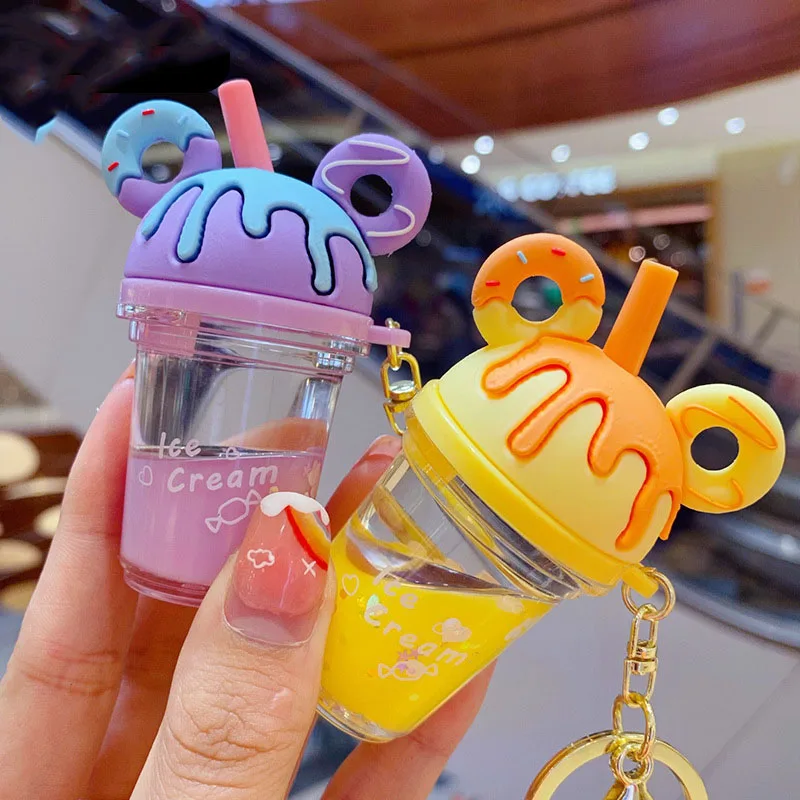 Fashion Key Ring Cute Mini Cartoon Cat Milk Tea Bottle Keychain