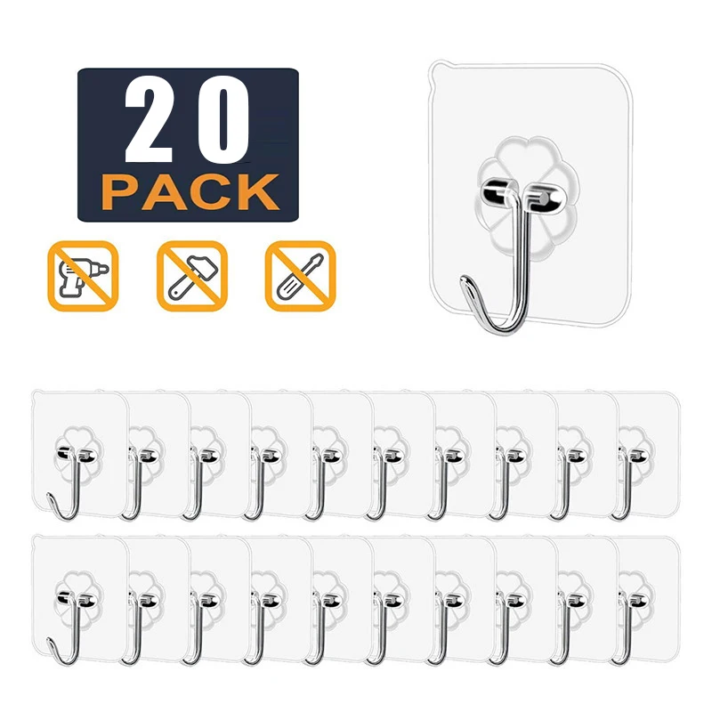 20 piezas de pared transparente para cocina y baño, gancho autoadhesivo resistente al agua, reutilizable, sin costuras