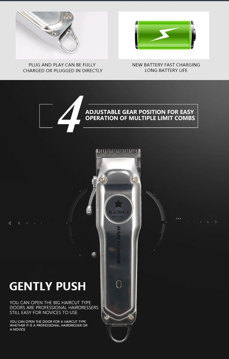 Kemei Barber Shop Rechargeable Hair Clipper Electric Hair Trimmer Professional Haircut Shaver Beard Trimmer Machine All Metal