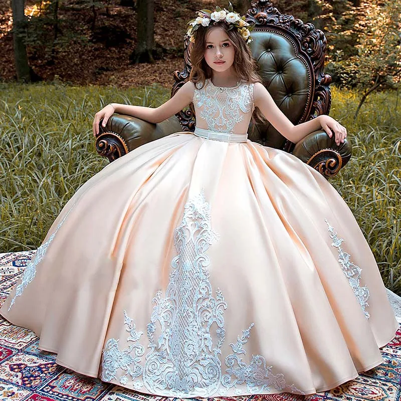 246 (1)New Long Sleeve First Communion Dresses O-neck with Bow Sash Flower Girl Dresses Ball Gowns Custom Made Vestidos