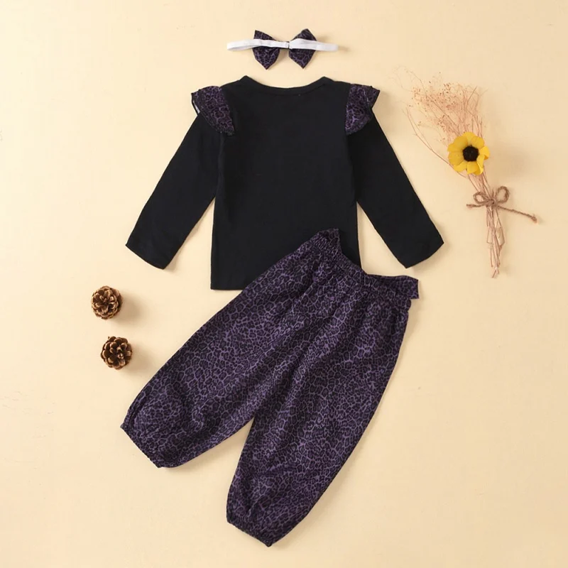 

New Autumn Kids Baby Girls Clothes Sets Long Sleeve Solid Blouse Tops+Leopard Print Pants Headband 3PCS Outfit Sets 2-6T43