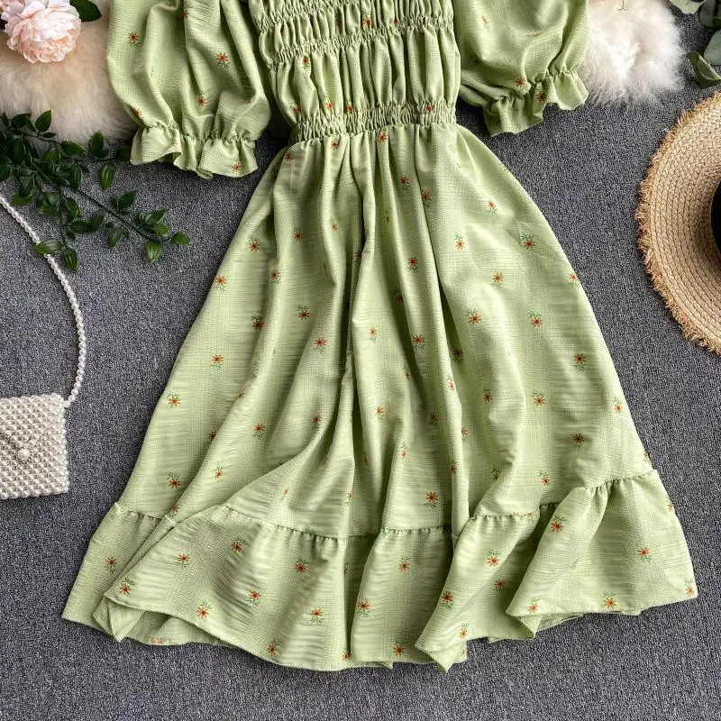 SINGRAIN Women Ruched Ruffle Dress Korean Puff Sleeve Slash Neck A Line Dress Summer Vacation Casual Print Floral Dress 2020