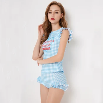 

Women's Girls Two Piece Swimsuit Purple Padded Tank Zip up Top Falbala High Waisted Padding Stripe Bikini Set Ruffles Swimwear