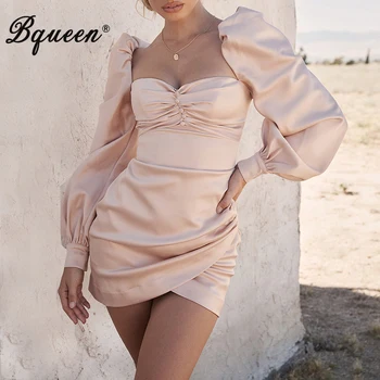 

Bqueen 2019 New Sexy Plunging Neckline Puff Long Sleeves Ruched Sexy Backless Mini Dress