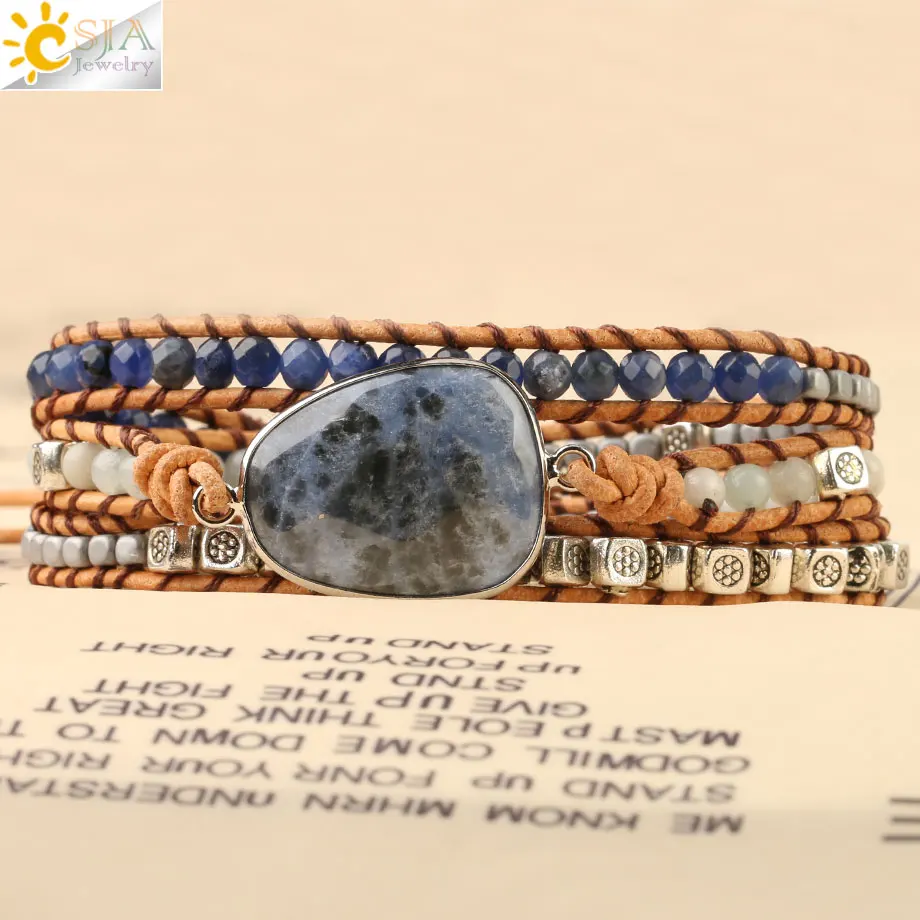 CSJA смешанные природные камни кожаные браслеты для женщин богемный многослойный браслет из бисера ручной работы Плетение ювелирных изделий S473 - Окраска металла: Sodalite