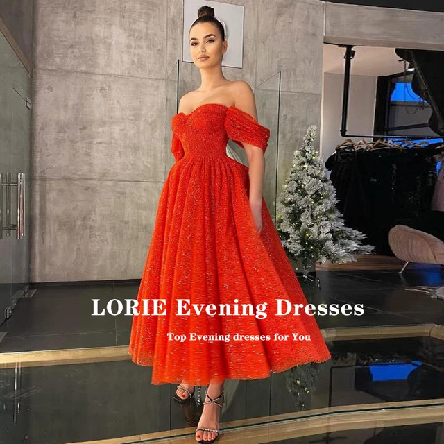 LORIE Glitter Prom Dress Red Off the Shoulder Tea Length Shiny Celebrity Wedding Party Dress for Graduation vestidos de fiesta Red
