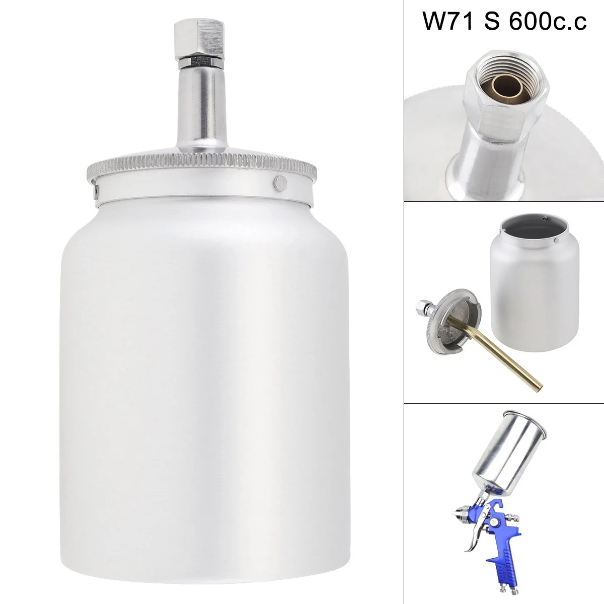 

W71 600ml Silvery Stainless Steel Paint Spray Gun Pot Cup with 1/2 Inch Screw Thread Connector for Car Paint Automotive Wash