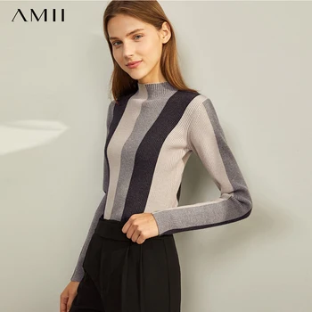 

Amii Minimal Western Style Contrast Striped Turtleneck Women's Fall/Winter New Semi-High Neck Backing Knitted Jacket 11930339