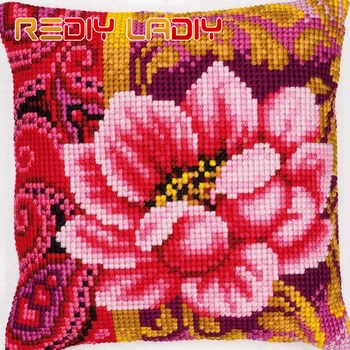 

Cross Stitch Cushion Lotus Peonies Chunky Cross-Stitch Kits Acrylic Yarn Pillow Case Pre-Printed Canvas Pillows Arts & Crafts