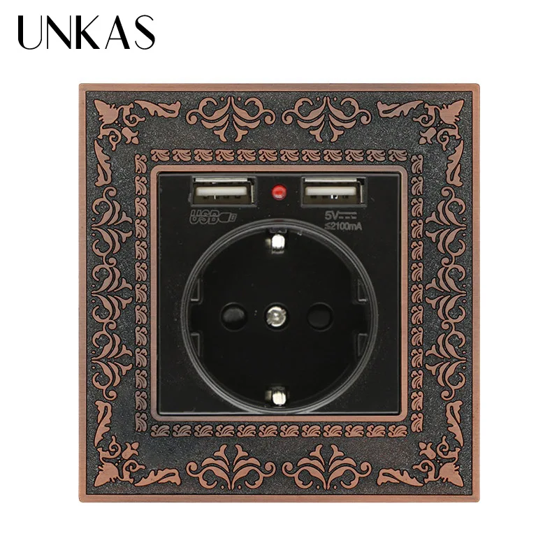 UNKAS Высококачественная ретро-панель из цинкового сплава 16А, черная Европейская стандартная настенная розетка с двумя usb-портами для зарядки, рельефная панель - Тип: USB Red Socket