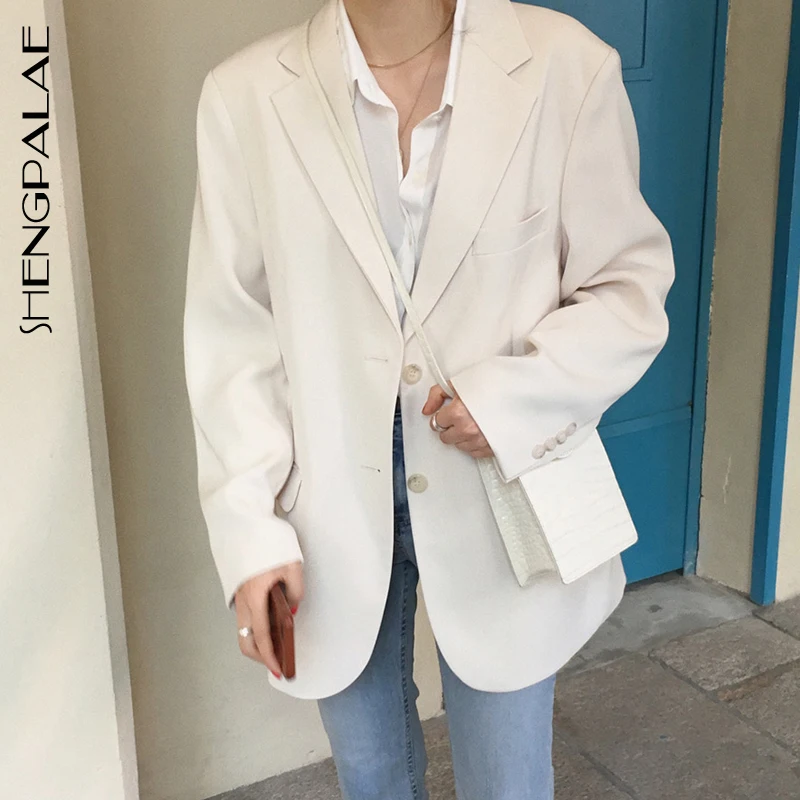 

SHENGPALAE Autumn Winter 2019 Long Sleeve Button Open Stitch Pockets Loose Blazer Women Korea Style Female Jacket FS883