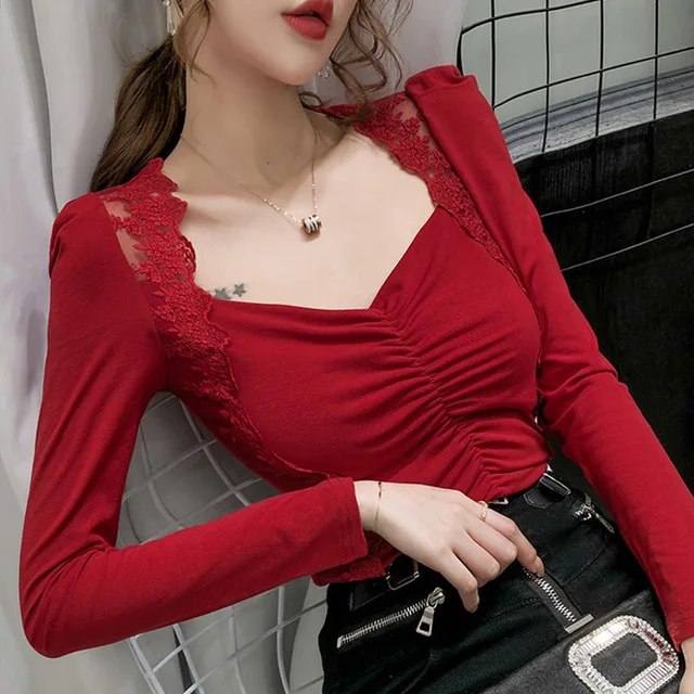 Blusas modernas para mujer con y encaje, camisas sexis con escote en V profundo manga larga, camisetas suaves, Tops de talla grande, blusa Casual elástica|Blusas y camisas| -