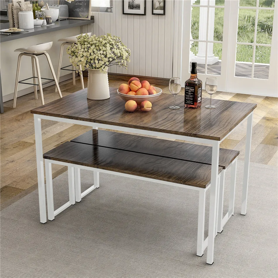 

Metal Frame Stable MDF Board 3 Piece Dining Set Simple Kitchen Table with Benches Organizable Dining Room Furniture