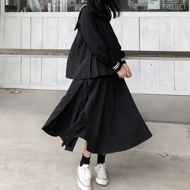 

korean style 2019 autumn high waist long skirts womens solid color a line patchwork irregular skirts womens (X1041)