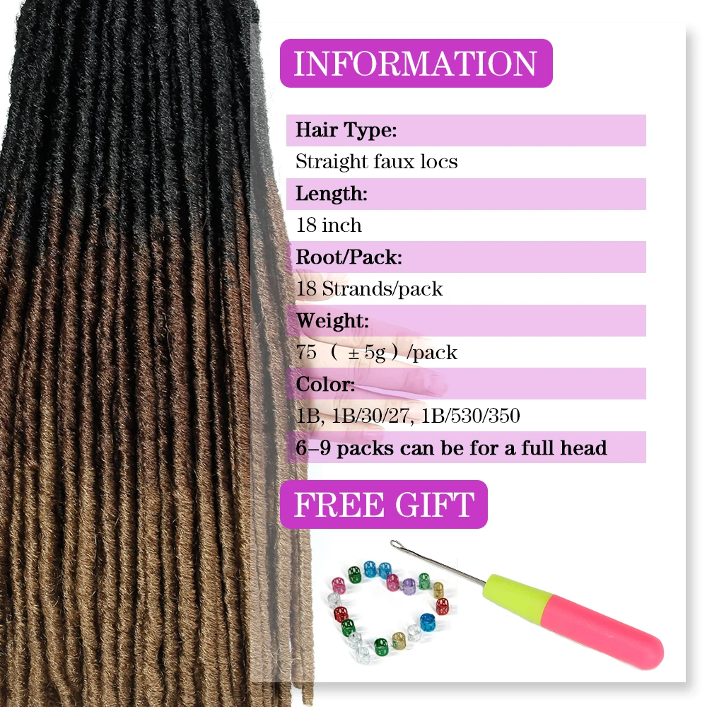 Ombre Synthetic Crochet Braids Hair Braiding Hair Extensions Goddess Straight Faux Locs 18Inches Soft Dreads Dreadlocks Hair