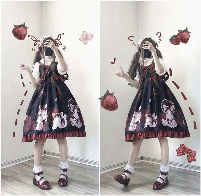 

Japanese sweet lolita dress retro falbala bowknot v-neck high waist cute printing victorian dress kawaii girl gothic lolita jsk