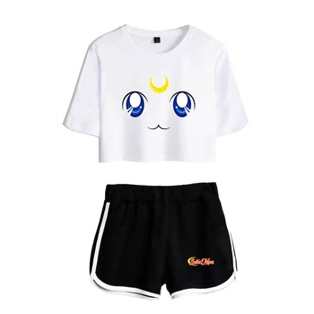 

Summer cute Sailor Moon Exposed Navel white t shirt+black shorts women's two-piece sets Fashion Streetwear Casual girl's sets