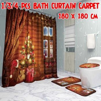 

1/3/4pcs Merry Christmas Bathroom set Santa Claus In The Dark Pattern Waterproof Shower Curtain Toilet Cover Mat Non Slip Rug