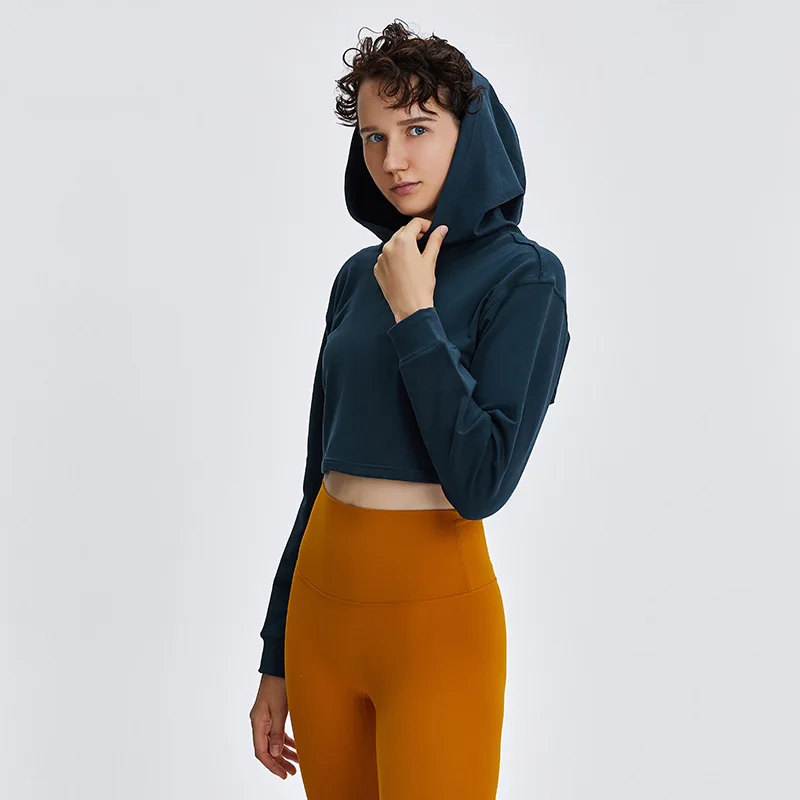 

New cotton short navel yoga clothes outdoor running fashion long sleeve hooded sweater women's autumn and winter