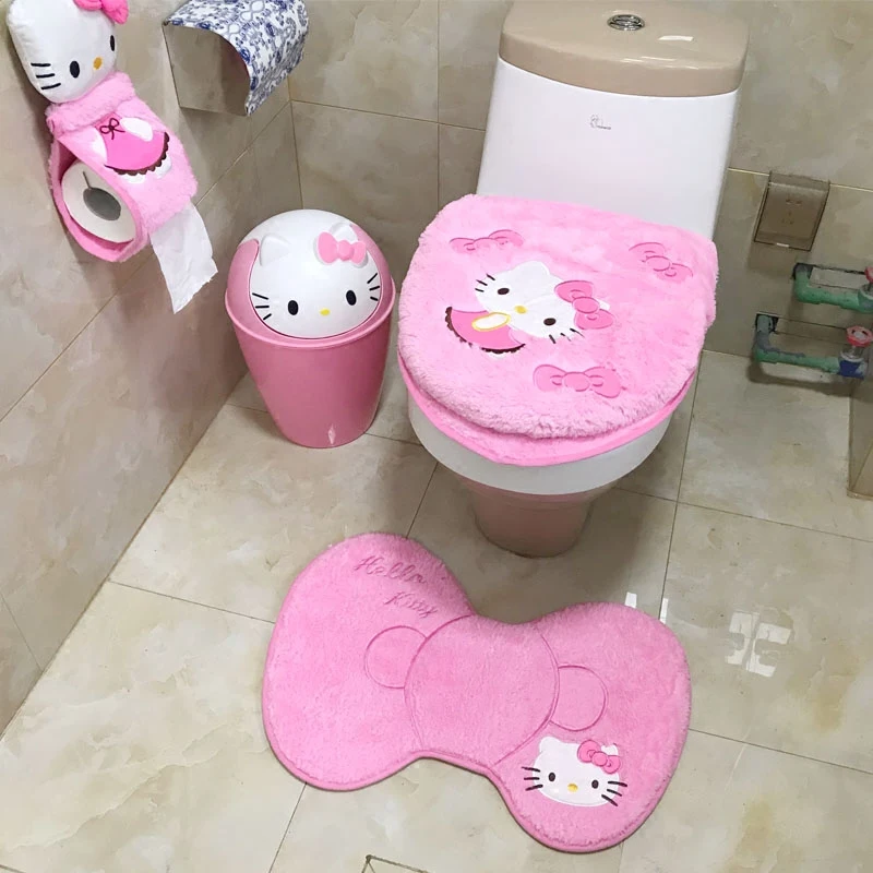 

4pcs Set Cute Toilet Seat Cover Helloo Kitty Thick Velvet Toilet Mat Toilet Decoration Cartoon Toilet Covers Paper Towel Rack