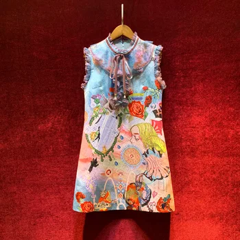 

New European Station Early Autumn Retro Cartoon Printed Lace Stitching Slim A shaped Dresses