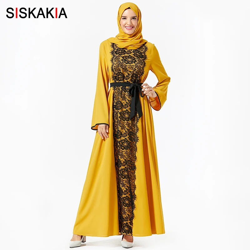 yellow dress Siskakia, женское длинное платье, модное, кружевное, хит, цвет, пэтчворк, элегантные платья свободного размера плюс, Повседневная мусульманская одежда, розовый, осень - Цвет: yellow dress