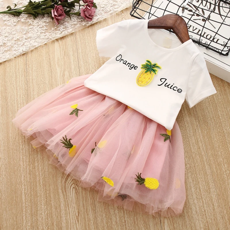 

2020 New Summer Round-necked Kids Girl Short Sleeve Clothing Set Pineapple T-shirt +Skirt Tops